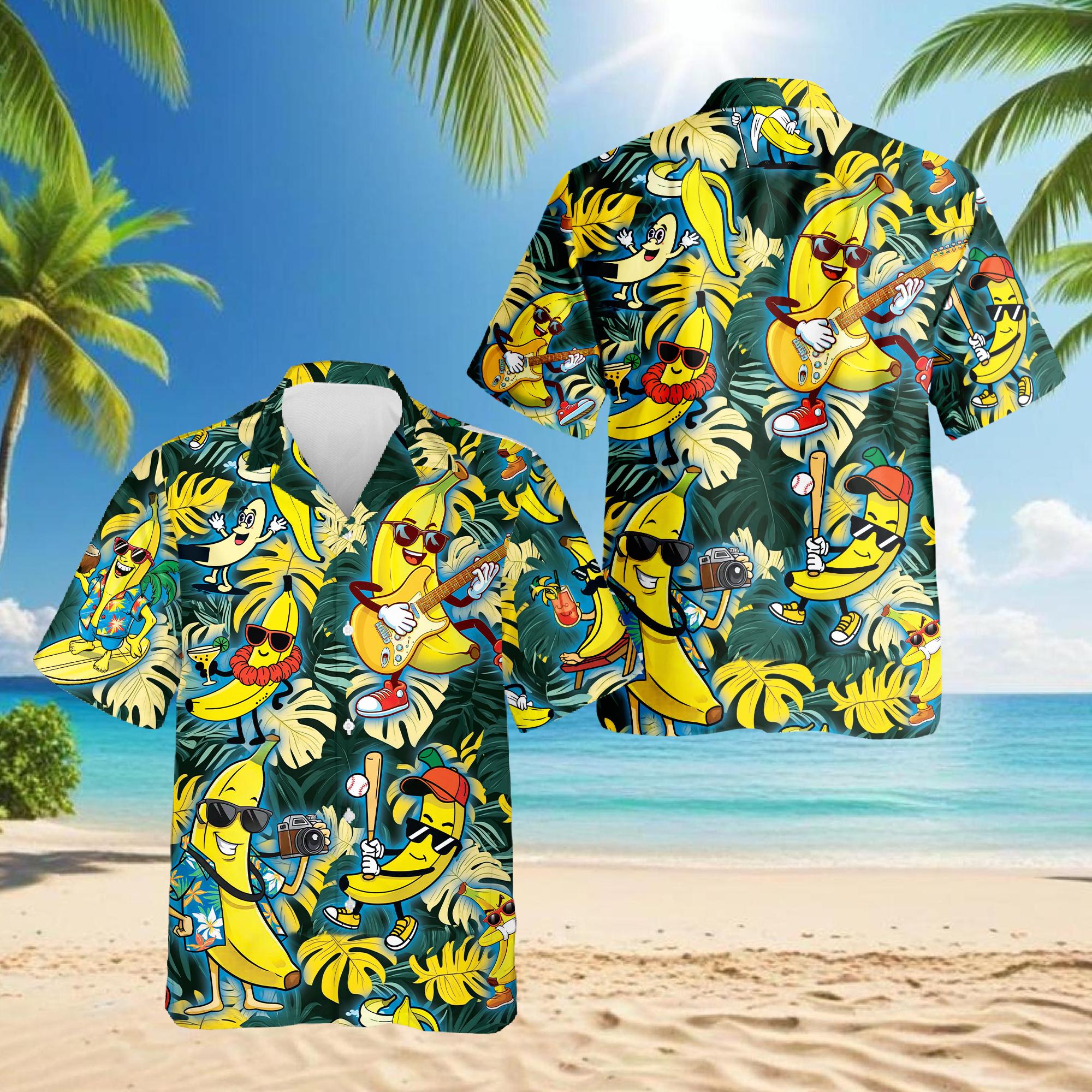 Discover Aloha Banana Guitar Hawaiian Shirt, Funny Fruit Button-Down, Summer Beach Party Outfit