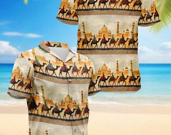 Desert Camel Hawaiian Shirt, Arabian Desert Aloha Shirt for Men Women, Camel Pattern Tropical Button-Up Summer Top, S-5XL