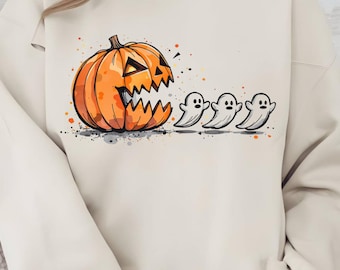 Pompoen die spoken achtervolgt PNG, schattig Halloween-pompoenontwerp, retro griezelige spooksublimatie, digitale download