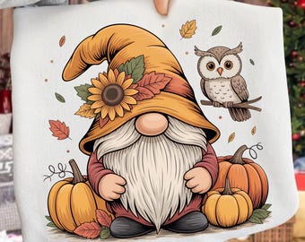 Gnome d'automne et citrouille PNG : sublimation rétro pour Thanksgiving (téléchargement numérique)