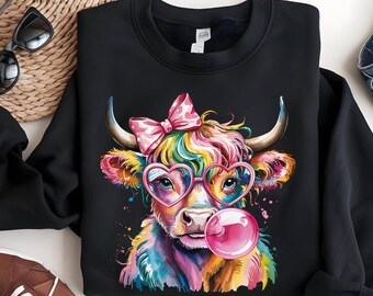 Coquette Highland Cow PNG, Bubblegum T-shirt Design, Holographic Sublimation, Trending Digital Download