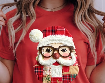 Retro Santa Patchwork PNG: Vintage Christmas Clipart (Digital Download)