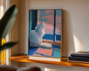 Stampa artistica di un gatto in stile Matisse: elegante poster di un gatto bianco