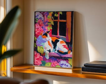 Stampa artistica di un gatto in stile Matisse: decorazione da parete moderna con gatto calico