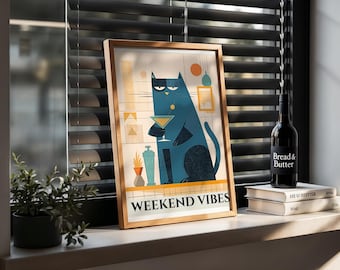 Impression d'art chat moderne Mid-Century : décoration de chariot de bar à cocktails