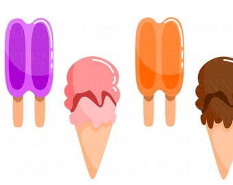 Ice Cream Clip Art, ice cream cone, Popsicle clip art, pink ice cream, chocolate ice cream, orange popsicle, purple popsicle, pink popsicle