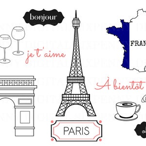 Paris Clipart Eiffel Tower Clipart Arc de Triomphe Frankreich Französisch Flagge Karte Croissant Kaffee Wein Gläser Französisch Sätze
