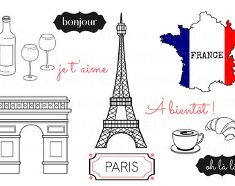 Paris Clipart Eiffel Tower Clipart Arc de Triomphe France French Flag Map Croissant Coffee Wine Glasses French Phrases