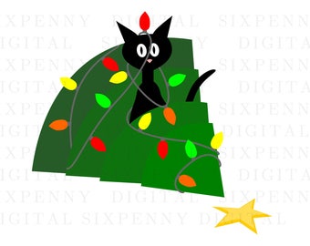 Black cat funny christmas card, cat in tree holiday card, mischievous kitty, holiday card clipart, funny christmas clipart