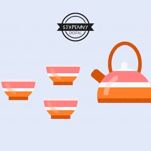 Japanese Tea Clipart Tea Time Clip Art Flat Design Tea Set Clipart Tea Pot Tea Cup Orange Tea Set Pink Tea Set