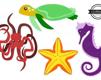 Sea Creatures Commercial Use Clipart Red Octopus Sea Turtle Yellow Starfish Purple Seahorse Colorful Sea Animals Clip art Ocean