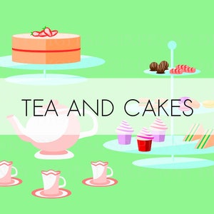 Puede incluir: Un surtido de té y pasteles para una merienda, con una tetera rosa, tres tazas y platillos, y un soporte para pasteles de varios niveles con un pastel de fresa, cupcakes, sándwiches y macarons. El texto "TEA AND CAKES" se muestra en una pancarta blanca.