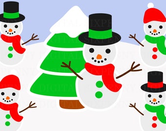 Snowman Clip Art, Christmas Clip Art, Christmas Tree, Winter Clipart, Cute Snowmen, commercial use clip art