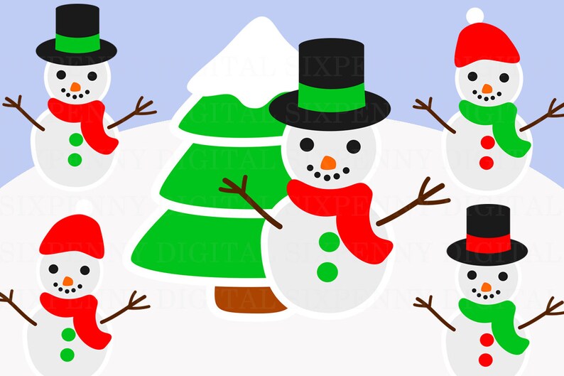 Snowman Clip Art, Christmas Clip Art, Christmas Tree, Winter Clipart, Cute Snowmen, commercial use clip art image 1