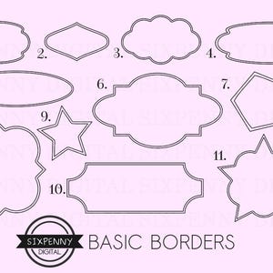 Puede incluir: Once formas de borde básicas diferentes en contorno negro. Las formas están numeradas del 1 al 11. El texto "SIXPENNY DIGITAL" y "BASIC BORDERS" se encuentra en la parte inferior de la imagen.