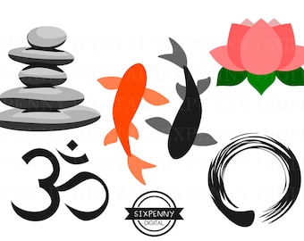 Meditation Clipart Ohm Enso Circle Ink Feng Shui Art Zen Fish Lotus Flower Stone Cairn Stone Pile Commercial Use Okay Simple Minimalist