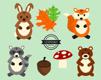 Woodland creatures clip art Woodland animals forest, bunny rabbit, fox, raccoon, bear, oak leaves acorn mushroom