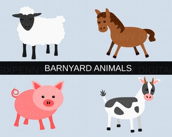 Barnyard Animals Clipart, Farm Animals Clipart, Brown Horse Clipart, Gray Cow Clipart, Pink Pig Clipart, Sheep Clipart