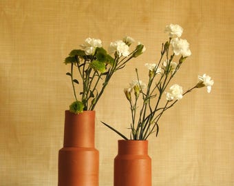 Set handgefertigter Terrakotta-Zylindervasen | Rustikale Boho-Minimalistische Wohndekoration