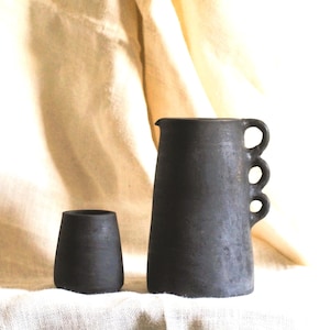 Handmade Black Pottery Water Jug Set | Rustic Terracotta Pitcher