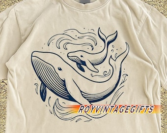 Wal-Grafik-T-Shirt, Ozean-Tier-T-Stück, Mutter-Baby-Wal-Weinlese-Stil Shirt, Meeresleben-Seeliebhaber-Geschenk