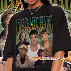 May include: Black t-shirt featuring a collage of images of Chad Michael Murray, with the name in a retro font. The shirt has a vintage aesthetic, with a faded background and the text "ROYVINTAGEGIFTS" at the bottom.