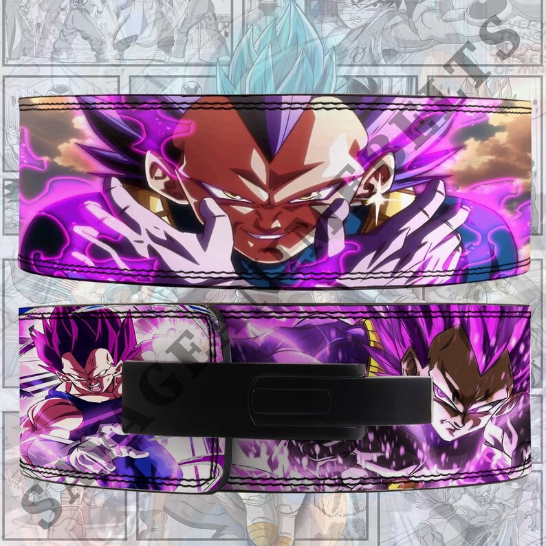 May include: A weightlifting belt featuring a vibrant, detailed graphic of a character with purple and brown hair, set against a purple and white background. The belt has a black buckle and is designed for strength training.