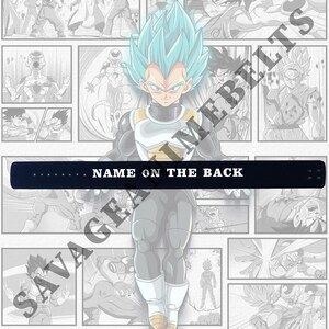 May include: A black belt with the text "NAME ON THE BACK" is displayed over a manga-style illustration of a character with blue hair. The background features various manga panels with other characters. The belt has a buckle.