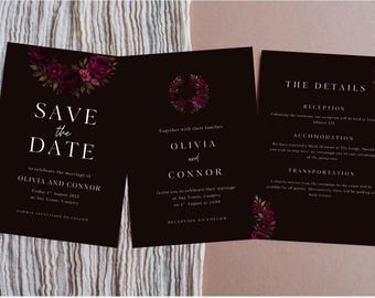 Set di inviti per matrimonio in stile gotico romantico / Suite modificabile elegante e scura / Salva la data, modello di invito e dettagli