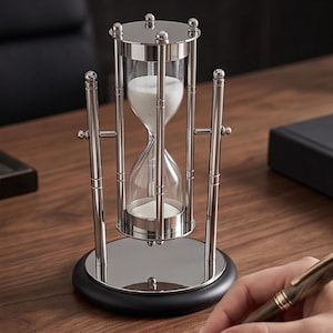 Puede incluir: Un reloj de arena de metal plateado con un marco giratorio, pilares de soporte verticales y una base circular. Los bulbos de vidrio transparente contienen arena blanca, con el bulbo superior parcialmente lleno y el inferior acumulando arena.