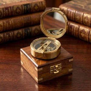 Vintage Brass Compass in Wooden Box, Nautical Compass Gift, Antique Maritime Decor
