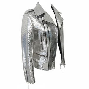 Silver Metallic Embossed Snakeskin Moto Jacket