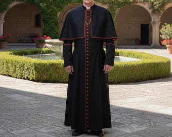 Traditional Black Clergy Cassock With Red Trim - Catholic Priest Vestment - Gothic Church Garment