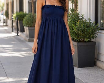 Navy Smocked Cotton Maxi Dress, Boho Spaghetti Strap Summer Beach Vacation Outfit