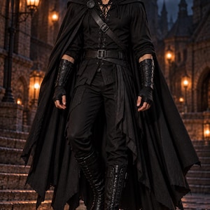 May include: A black hooded cloak worn over a black long-sleeved shirt with a lace-up neckline, black trousers, a leather belt, black fingerless gauntlets, and tall black lace-up boots. The outfit features a dark aesthetic with layered fabric.