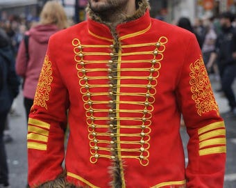 Red Hussar Jacket Military Uniform Mens Napoleonic Tunic Pelisse Jimi Hendrix Jacket