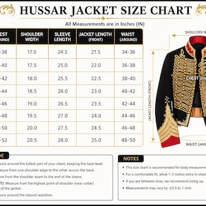 May include: Hussar jacket size chart with measurements in inches. The chart includes sizes XS to 4XL, detailing chest, shoulder width, sleeve length, jacket length, and waist measurements. A diagram of the jacket illustrates the measurement points. Includes a measuring guide and notes.
