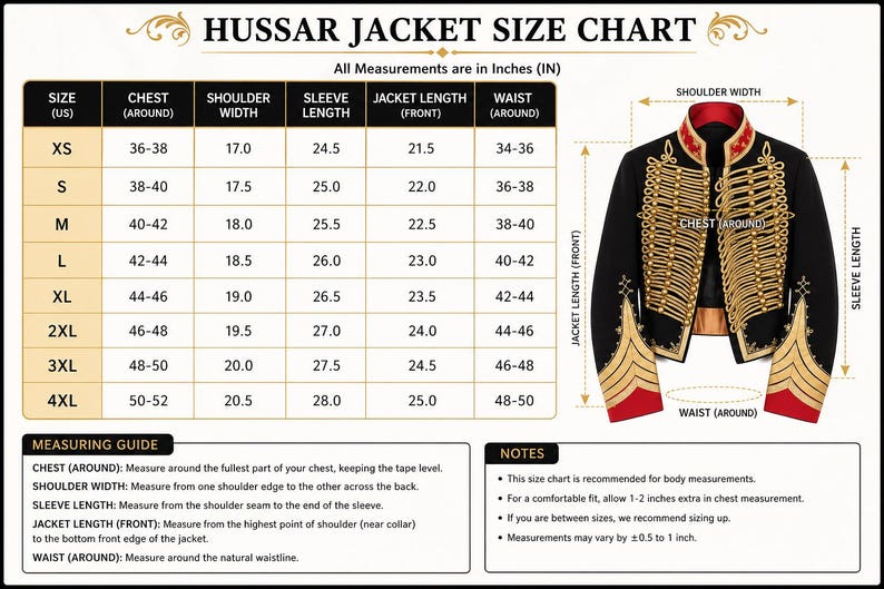 May include: Hussar jacket size chart with measurements in inches. The chart includes sizes XS to 4XL, detailing chest, shoulder width, sleeve length, jacket length, and waist measurements. A diagram of the jacket illustrates the measurement points. Includes a measuring guide and notes.
