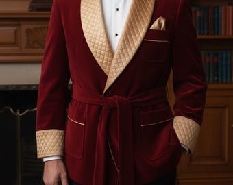 Burgundy Velvet Robe: Men's Quilted Lapel Dressing Gown