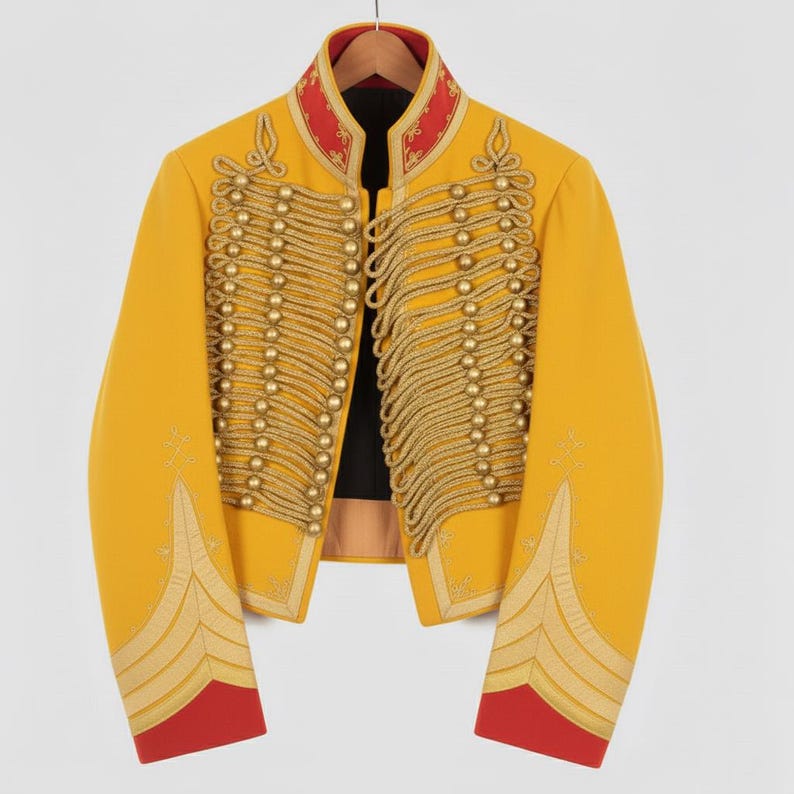 May include: A yellow military-style jacket with gold rope detailing and gold buttons. The jacket has red accents on the collar and cuffs. The jacket is hanging on a wooden hanger.