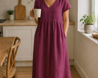 Oversized Linen Midi Dress: Half Sleeve Summer Dress with Pockets