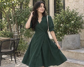 Evergreen Wrap Darcy Dress with Short Sleeves Summer style linen dress