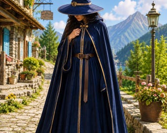 Wizard Costume Medieval Cloak Halloween Cosplay Outfit – Enchanted Archmage Robe with Hood Coat | Fantasy Wizard Cloak for Cosplay