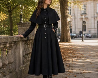 Victorian-Style Steampunk Coat | Gothic Cape | Fashion Black Wool Coat
