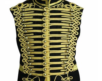 Military Hussar Jacket Vest Black & Gold – Handmade Costume Vest with Braided Detailing