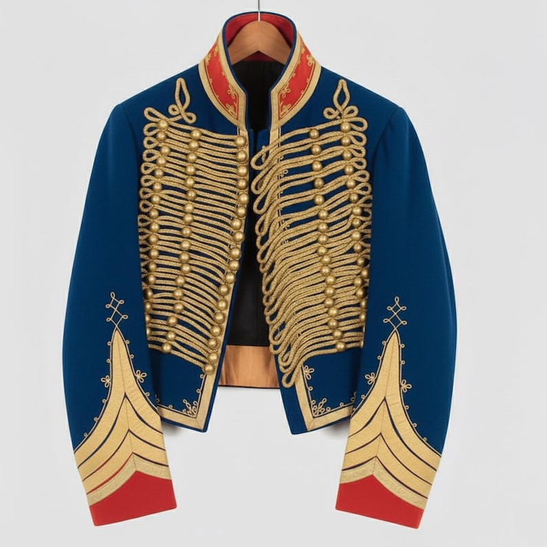 May include: A blue military-style jacket with gold rope detailing and gold button accents. The jacket has red trim on the collar and cuffs. The jacket is hanging on a wooden hanger.