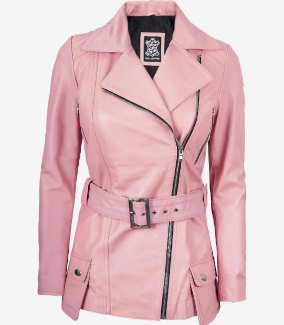 Women's Pink Leather Biker Jacket With Belt – Stylish Moto