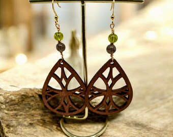 18K Gold Earrings, Olive Quartz & Smoky Quartz Stones.
