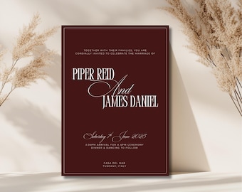Burgundy Wedding Invitation Template | Old Money Classic Luxury Red | Editable Elegant Canva Invite | Digital Download