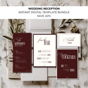Può includere: Un pacchetto di modelli digitali per un ricevimento di nozze, su sfondo marmoreo. Il pacchetto include un menu della cena, un menu del bar, un segnaposto e insegne per cocktail. Il testo include "Ricevimento di nozze" e "Risparmia il 40%."